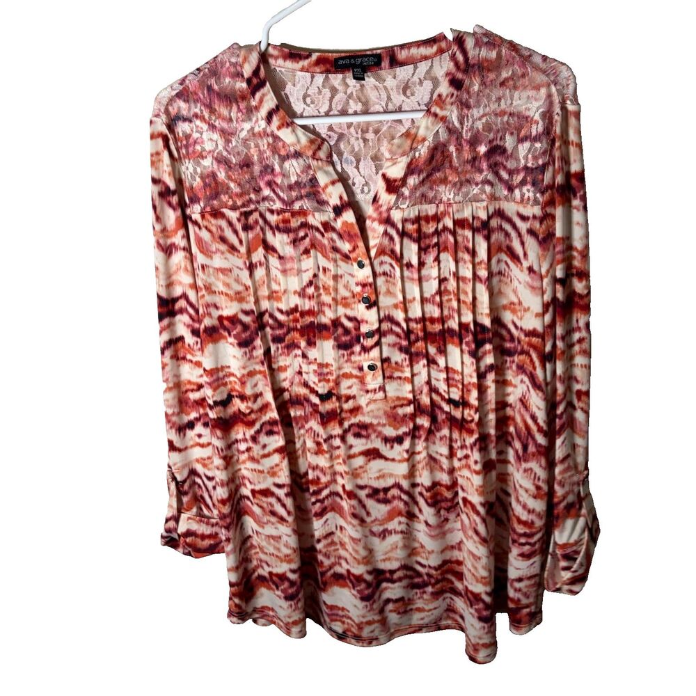 Ava & Grace Blouse Women's Petite XL Popover Pleated 3/4 Sleeve Lace Shirt